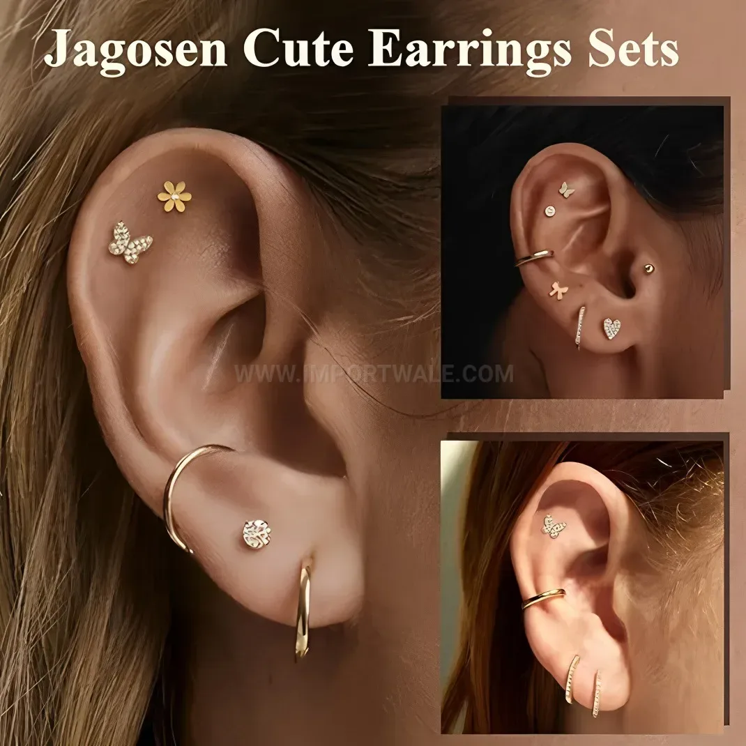 Elegant Golden Heart and Butterfly Stainless Steel Earring Set