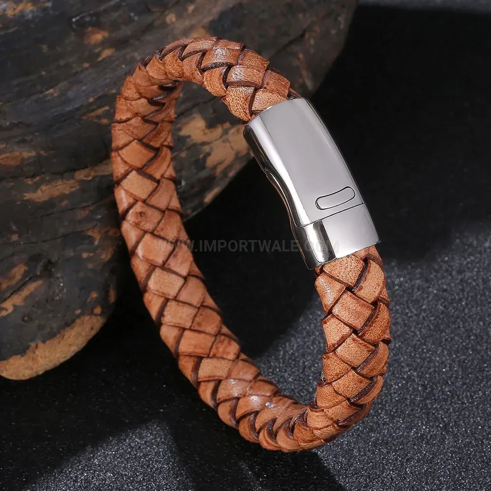Classic Braided Leather Wristband with Stainless Steel Magnetic Clasp