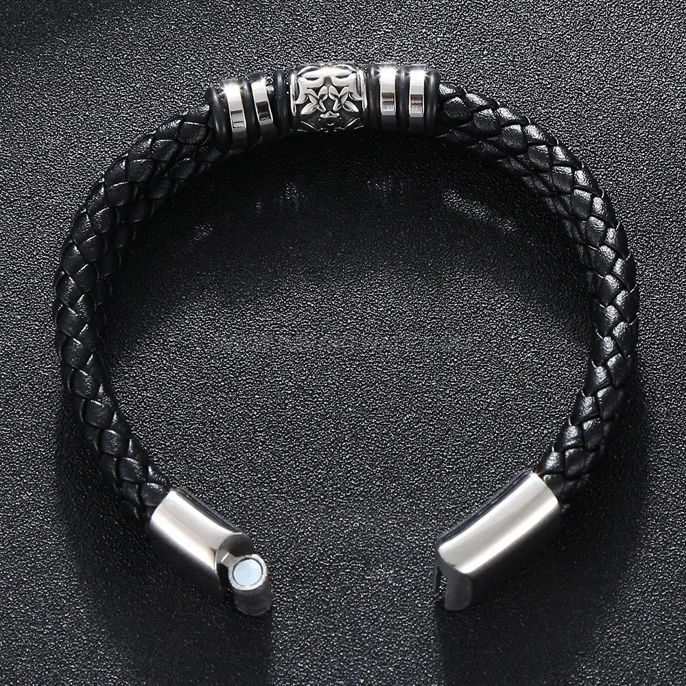 Color Block Leather Beaded Stainless Steel Men Wristband