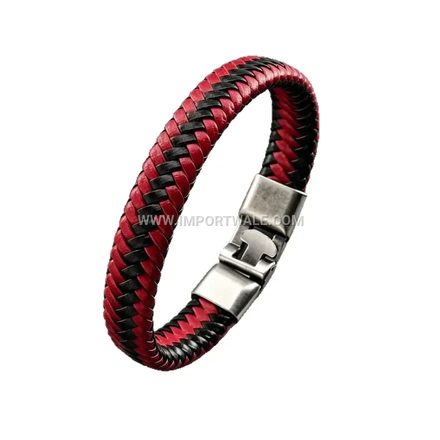 Titanium Steel Braided Leather Wristband for Men