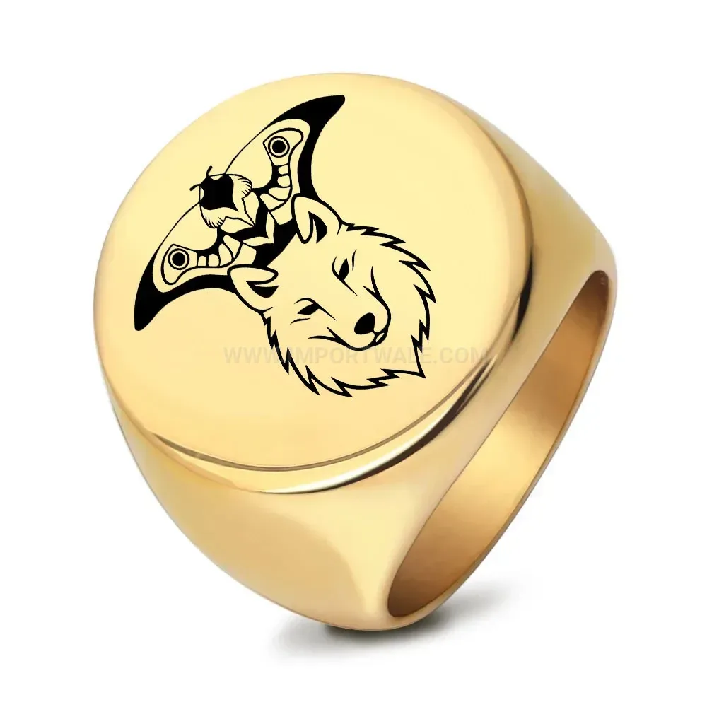 Elegant Laser-Engraved Eagle and Wolf Stainless Steel Signet Ring