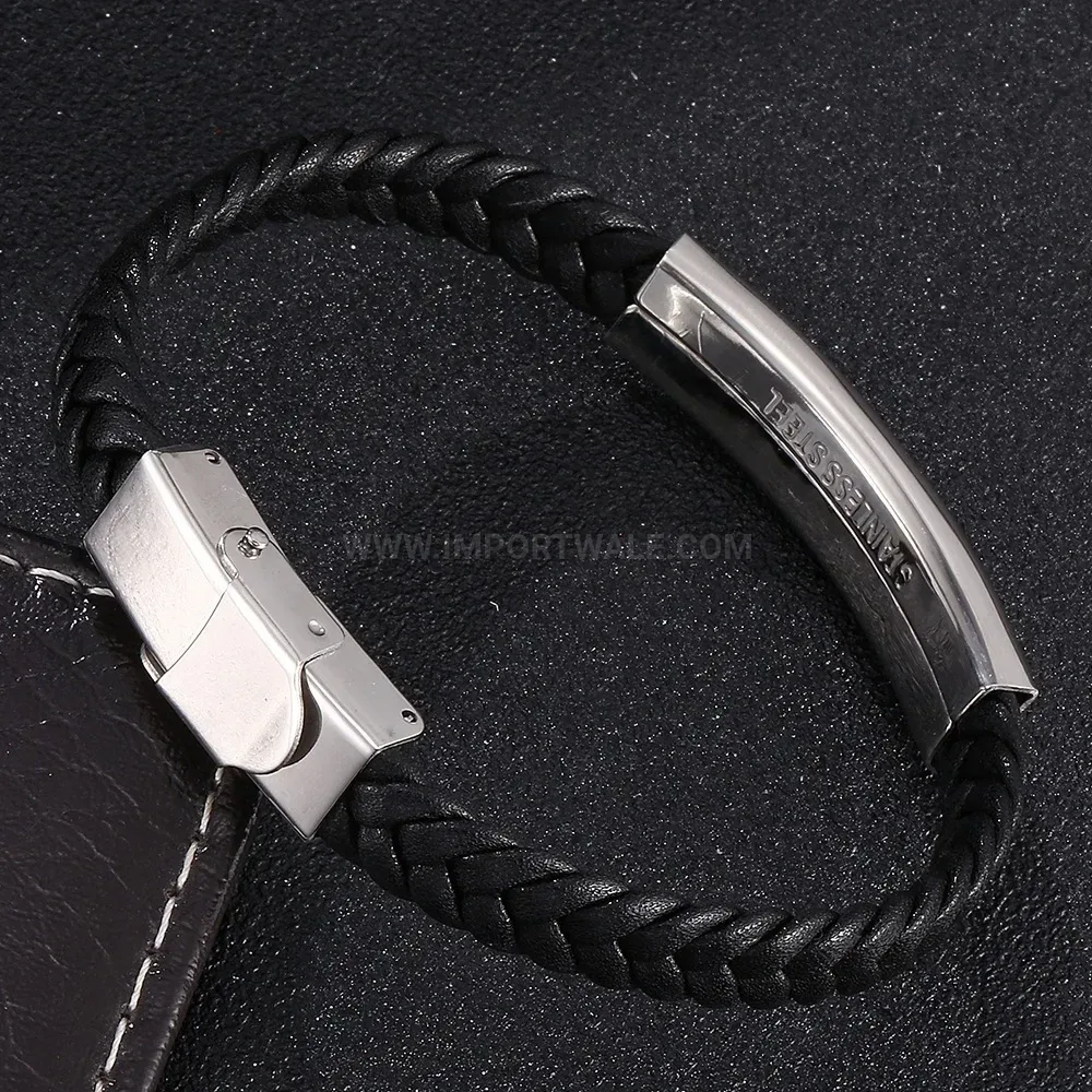 Woven Black Leather and Stainless Steel Minimalist Bracelet