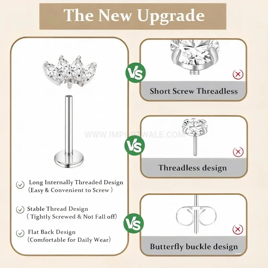 Modern Crown Cubic Zirconia Internally Threaded Stainless Steel Cartridge Studs