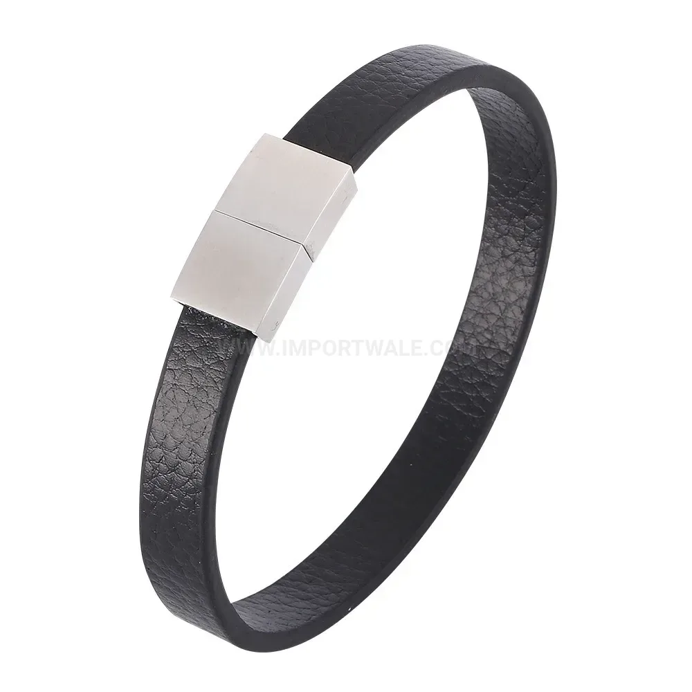 Vintage Minimalist Leather Stainless Steel Wristband Bracelet