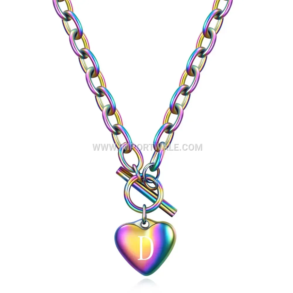 Stainless Steel Heart Initial Pendant Toggle Chain Necklace