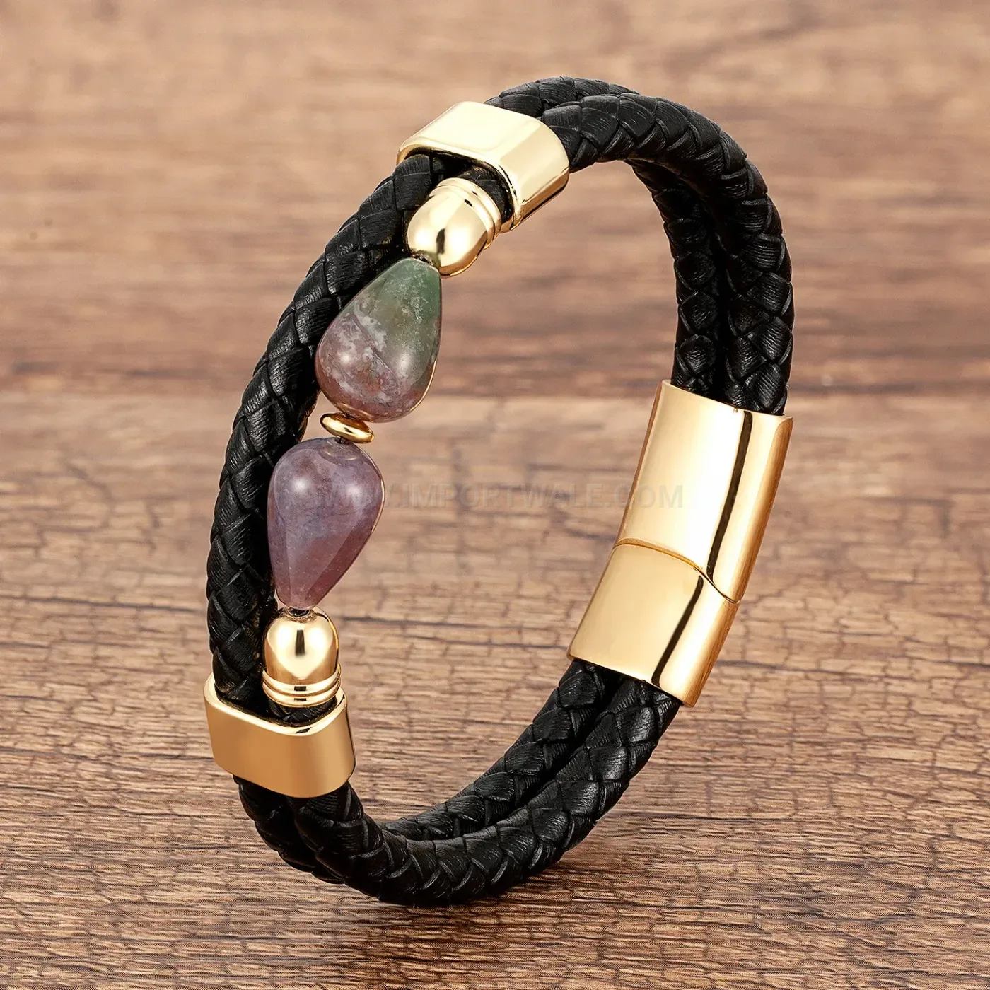Double Band Braided Leather Wristband with Metallic Clasp