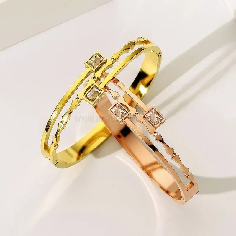 Stylish Geometric Rhinestone Square Titanium Steel Bangle Bracelet