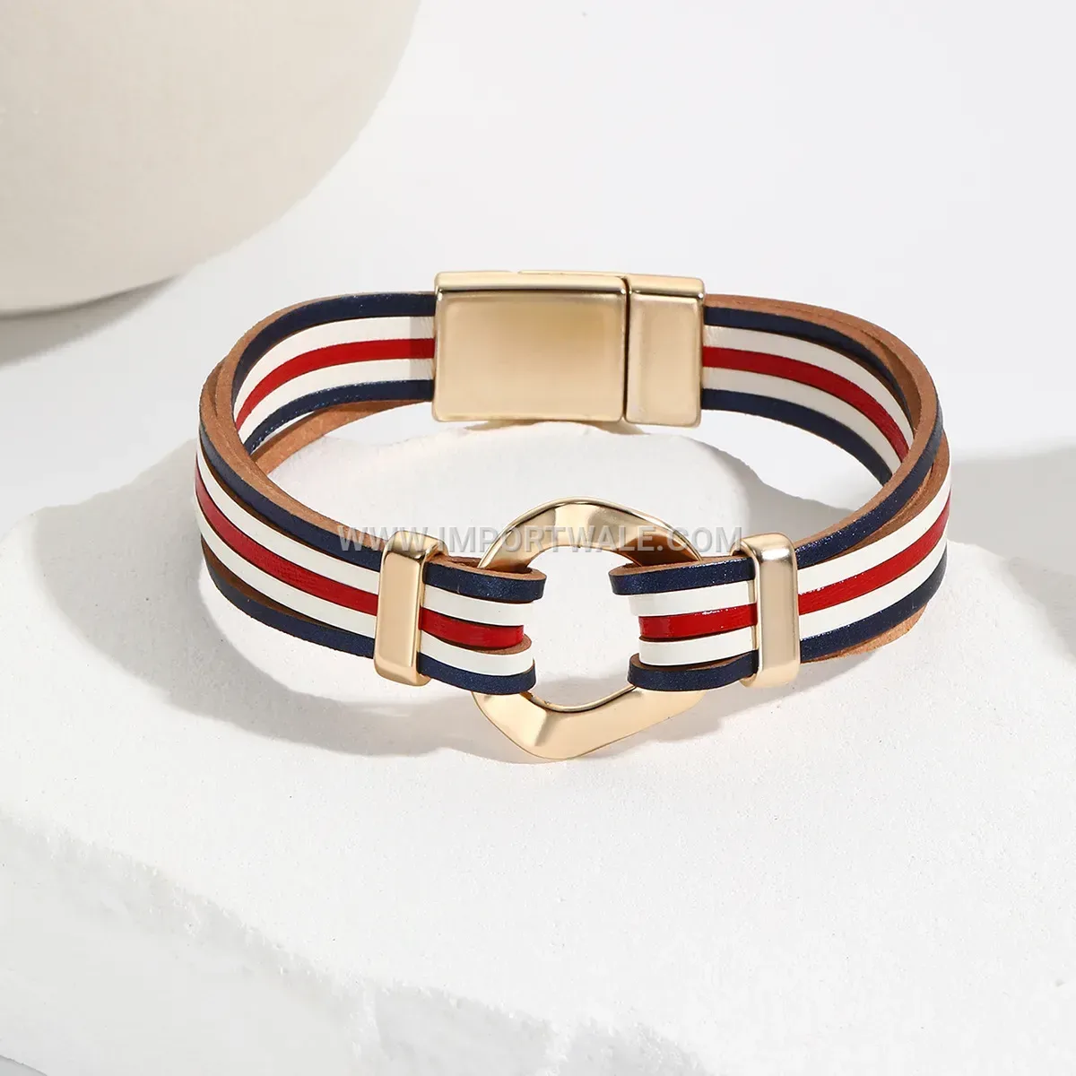 Layered Red White Blue Faux Leather Magnetic Clasp Bracelet