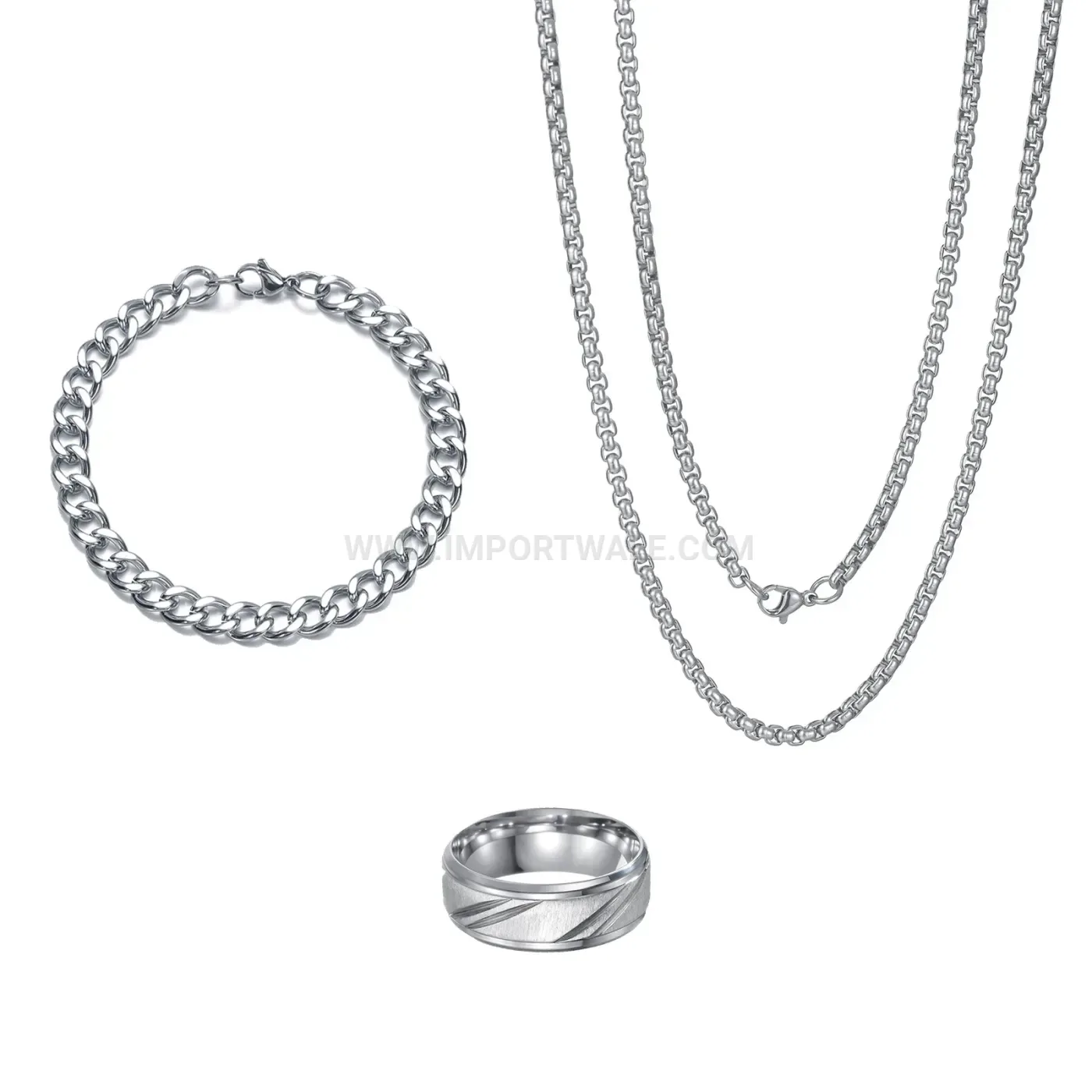 Men Stainless Steel Cuban Link Chain Bracelet and Ring Set