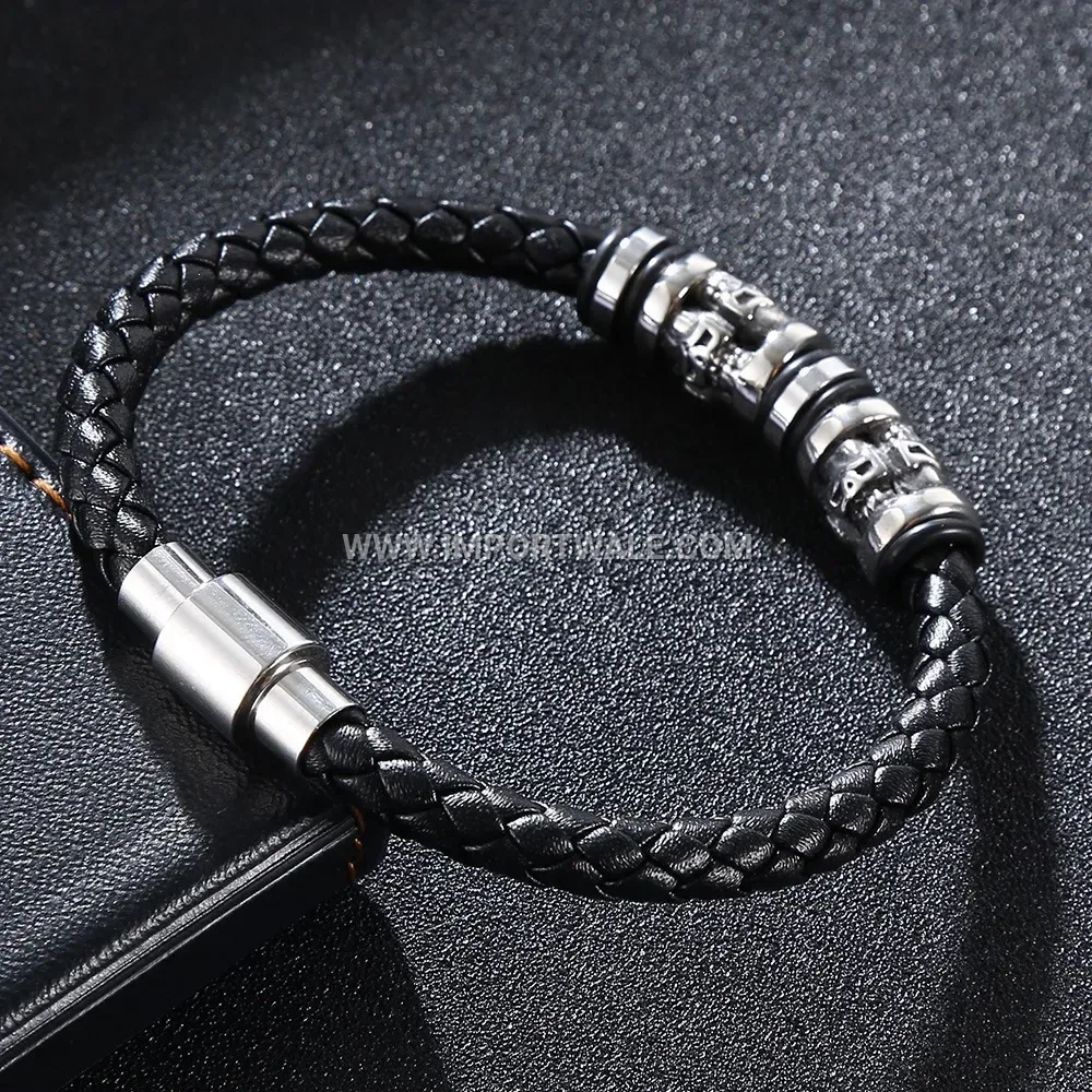 Edgy Skull Accent Leather and Stainless Steel Magnetic Clasp Bracelet