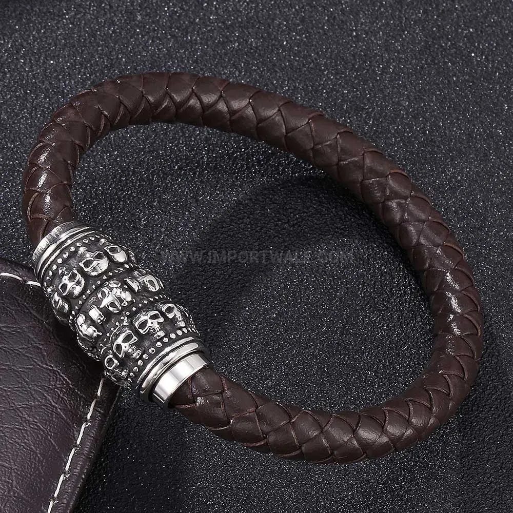 Classic Woven Leather Skull Bracelet with Stainless Steel Magnetic Clasp