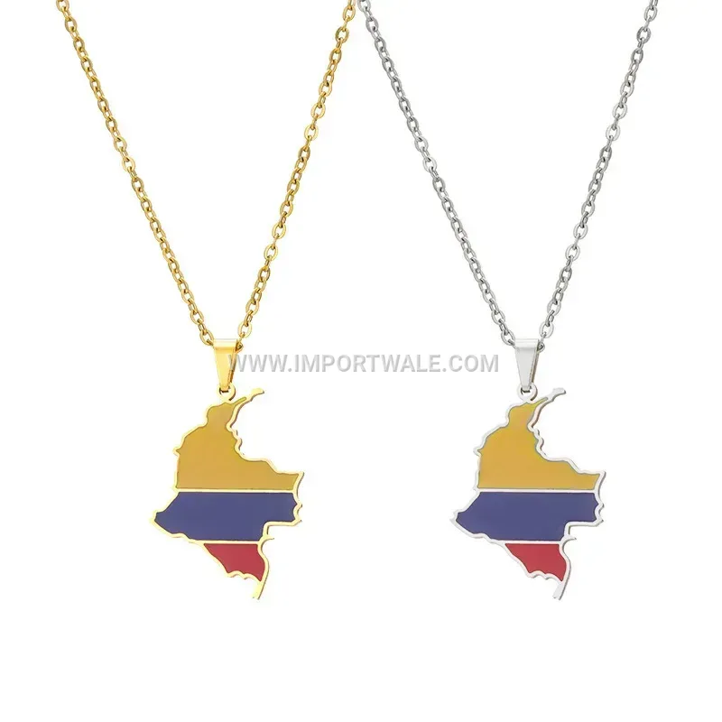 Enamel Colombia Map Stainless Steel Pendant Necklace