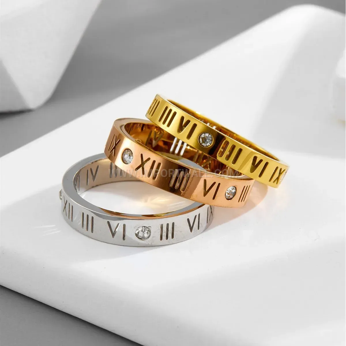 Hollow Roman Numeral Titanium Steel Ring with Crystal Accents