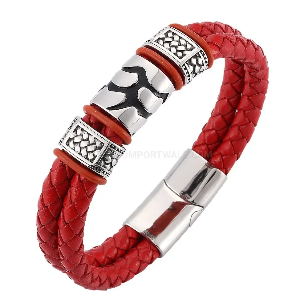 Double-Layer Patterned Leather Bracelet with Stainless Steel Magnetic Clasp