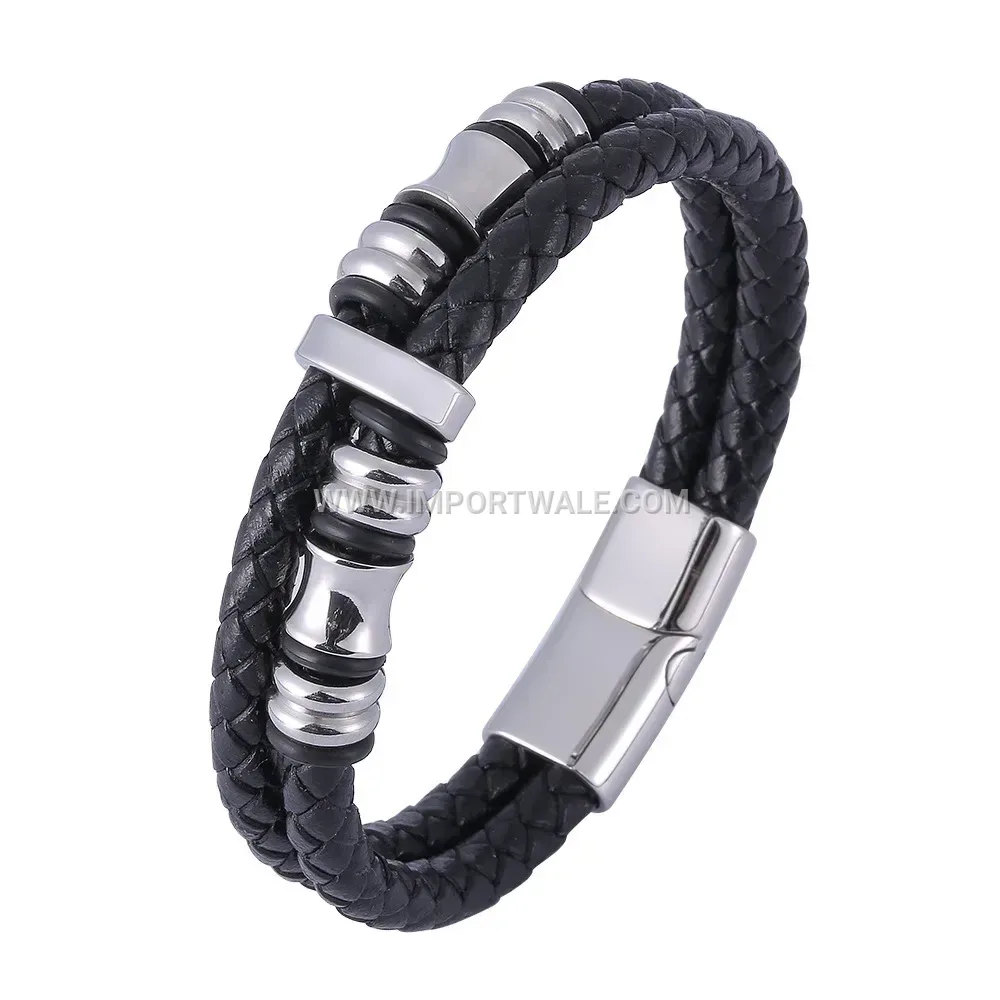 Double-Layer Braided Leather Bracelet with Stainless Steel Magnetic Clasp