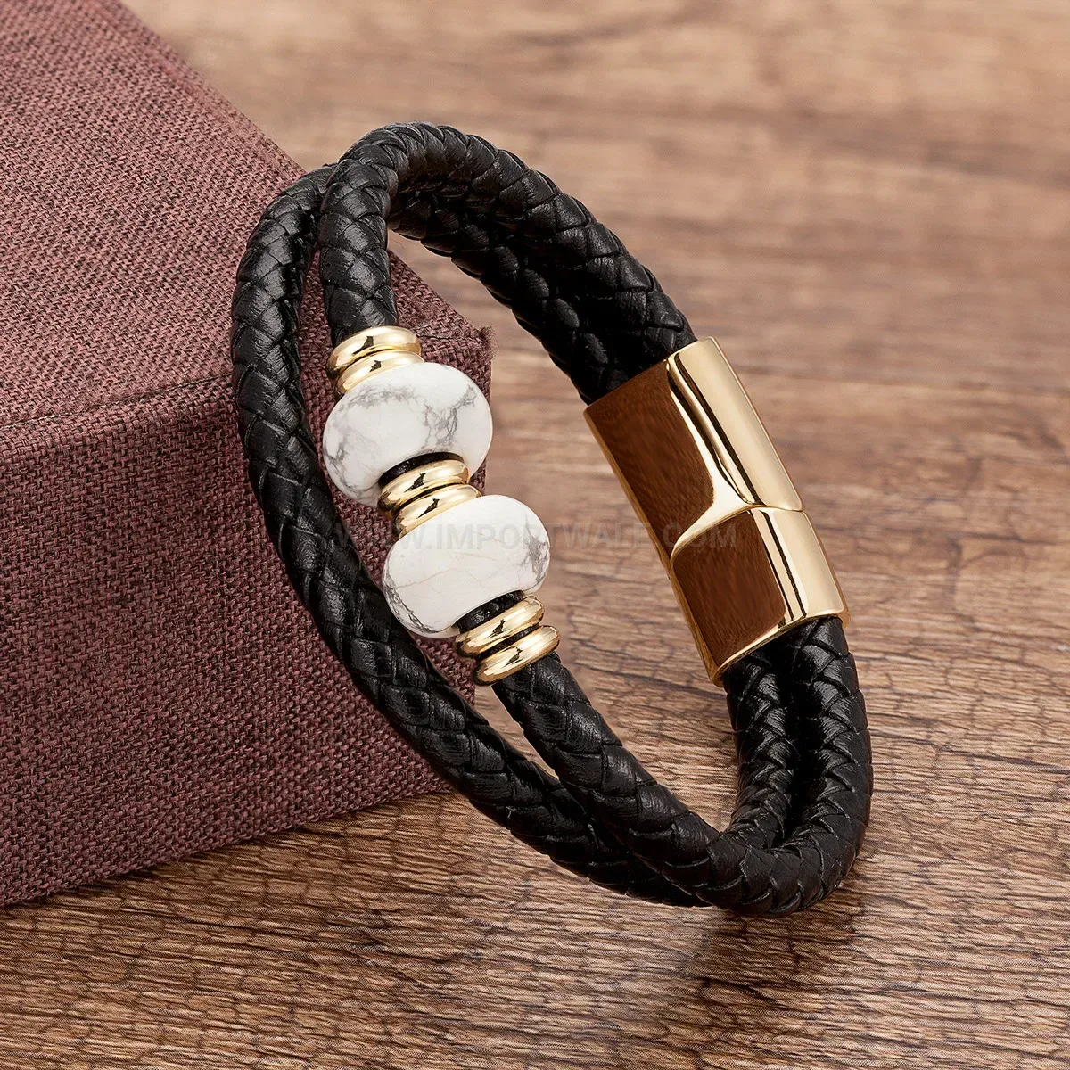 Double Layer Hand Woven Leather and Natural Stone Bracelet