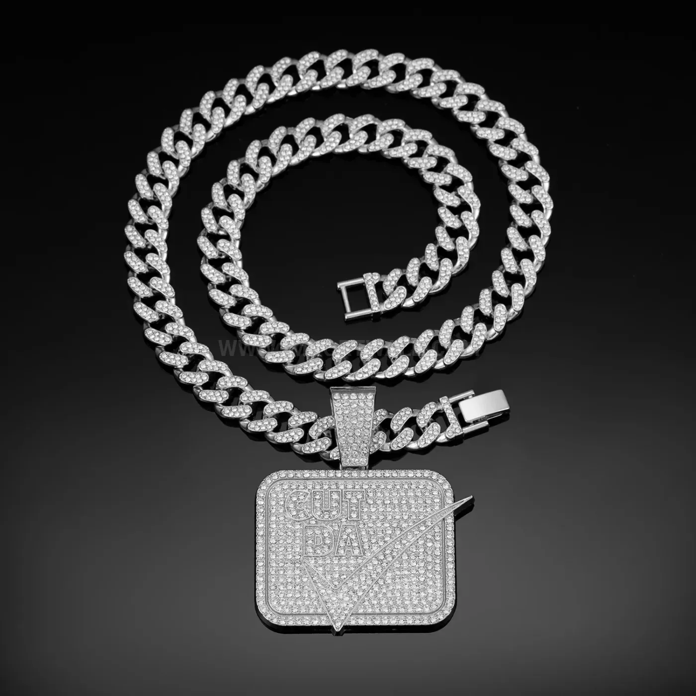 Elegant Rhinestone Square Letter Tag Pendant Cuban Link Necklace