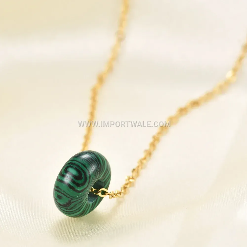 Matte Natural Stone Round Pendant Stainless Steel Necklace