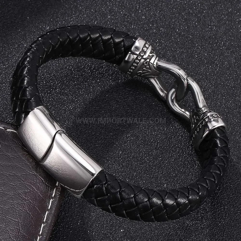 Vintage Totem Stainless Steel and Woven Black Leather Men Bracelet