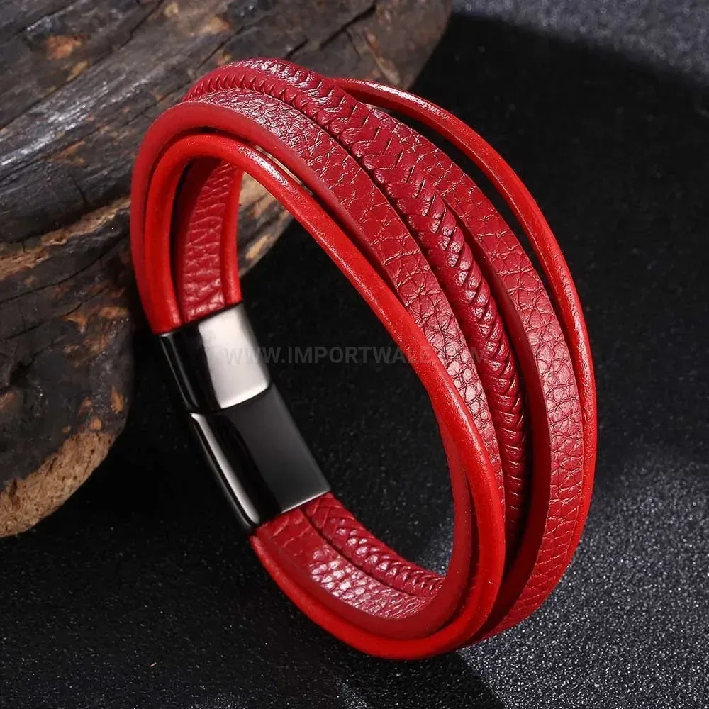Red Woven Leather Bracelet with Stainless Steel Magnetic Clasp