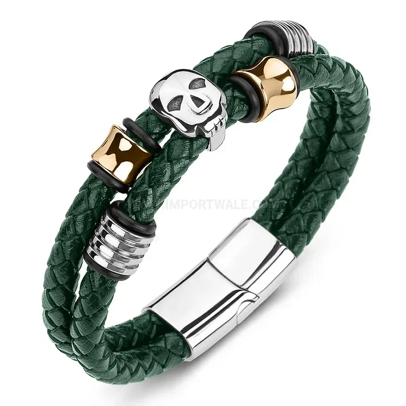 Trendy Double Strand Leather Bangle Bracelet With Stainless Steel Ghost Motif