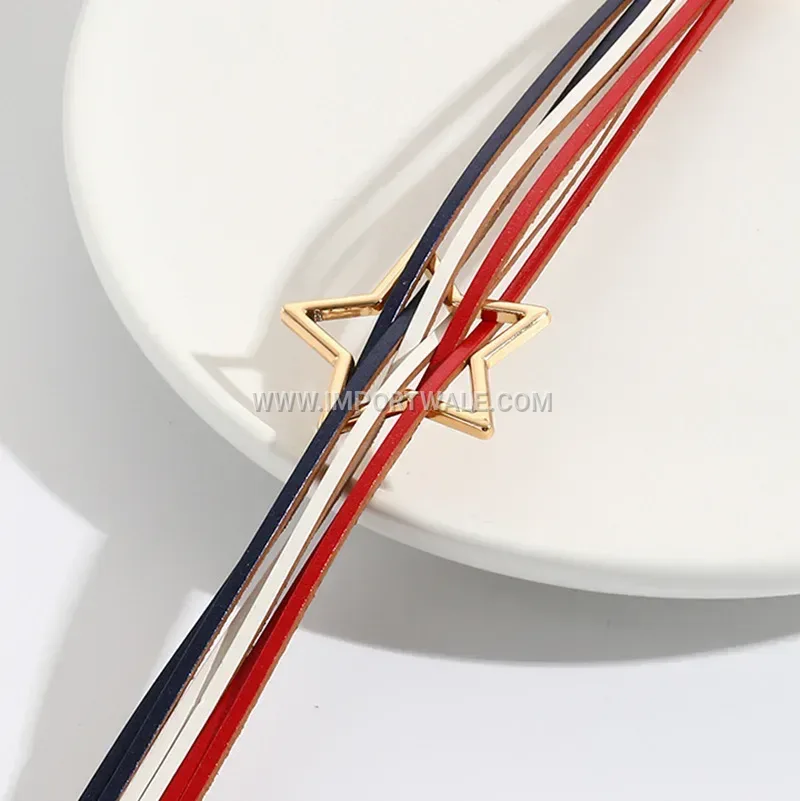 Multi-Strand Red White Blue Leather Bracelet With Star