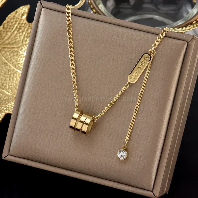 Chic Titanium Steel Cylinder Tassel Pendant Necklace with Zircon Accents
