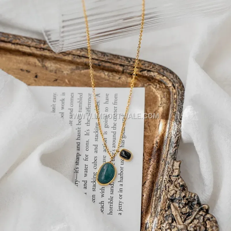 Anti Tarnish Stainless Steel Green Black Agate Jewelry Set