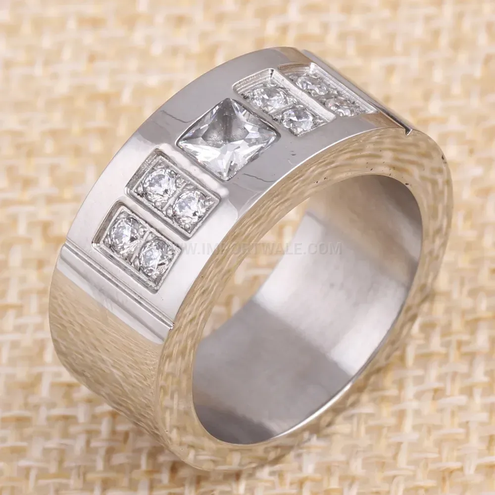 Double Row Zircon Accent Stainless Steel Band Ring