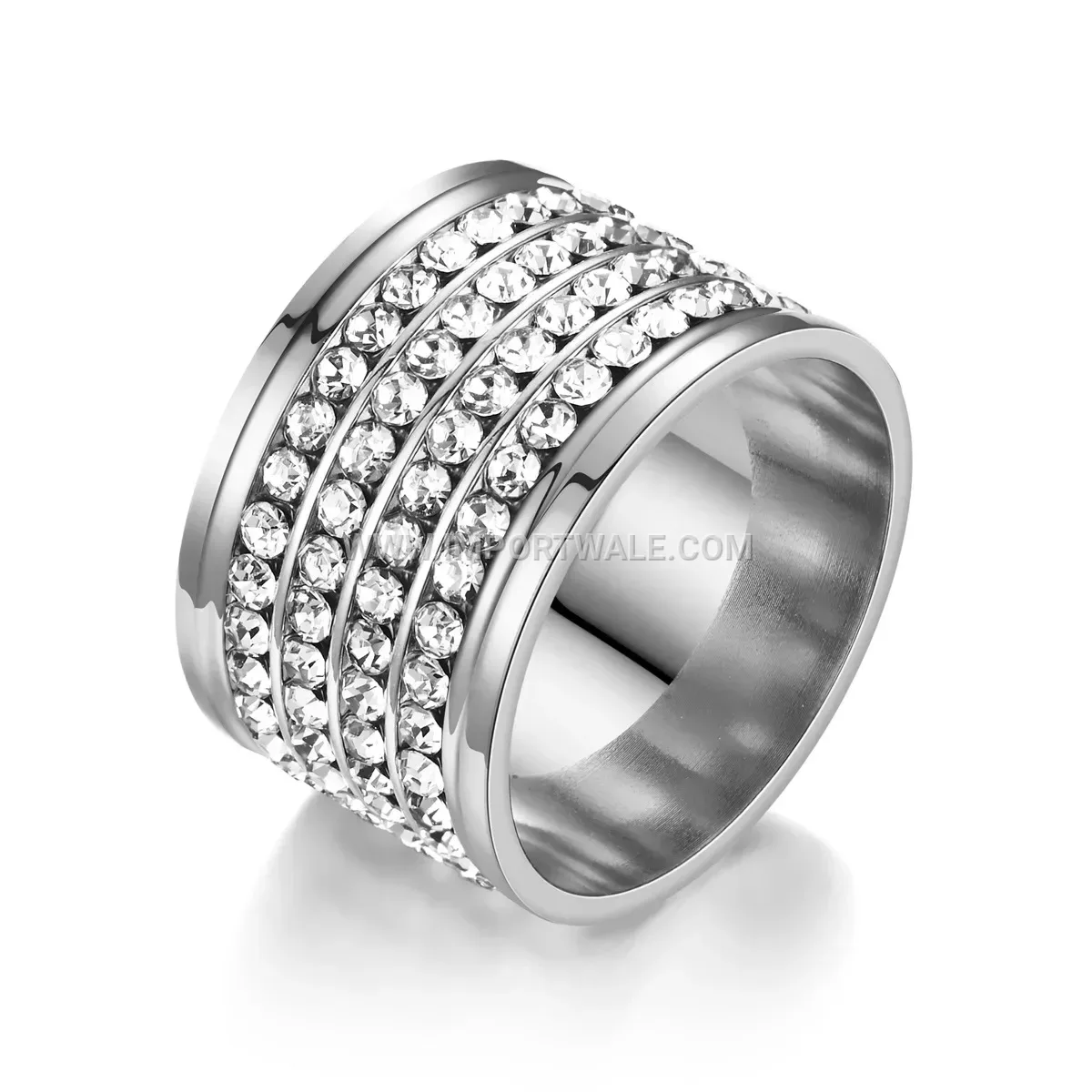 Four-Row Rhinestone Wide Stainless Steel Band Ring