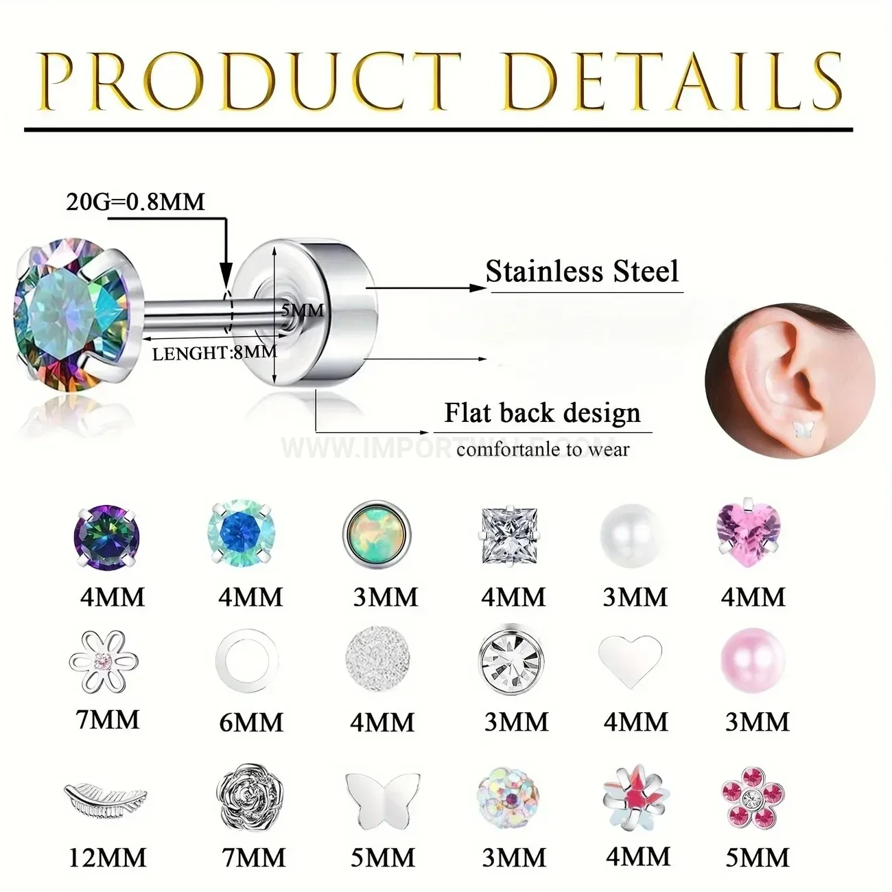 Fashion Stainless Steel Colorful Crystal Heart Flower Flat Back Earring Set