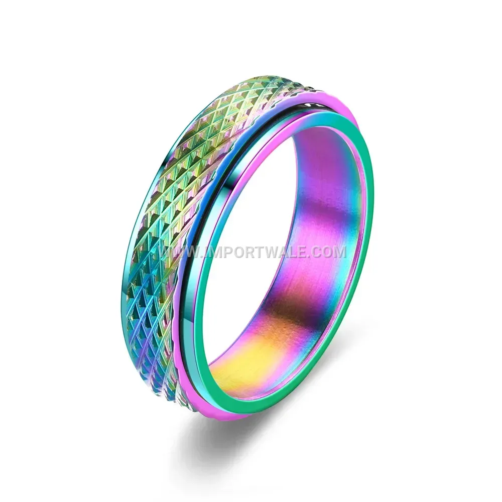 Spinner Stainless Steel Band Ring With Diamond Pattern