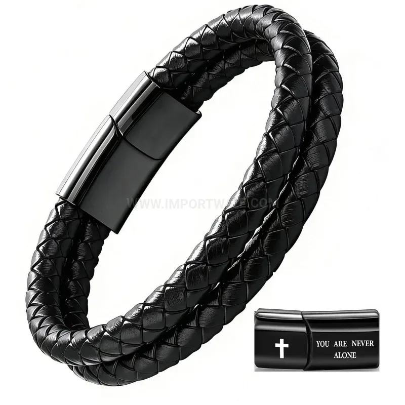 Elegant Double Layer Woven Leather Magnetic Clasp Men Bracelet