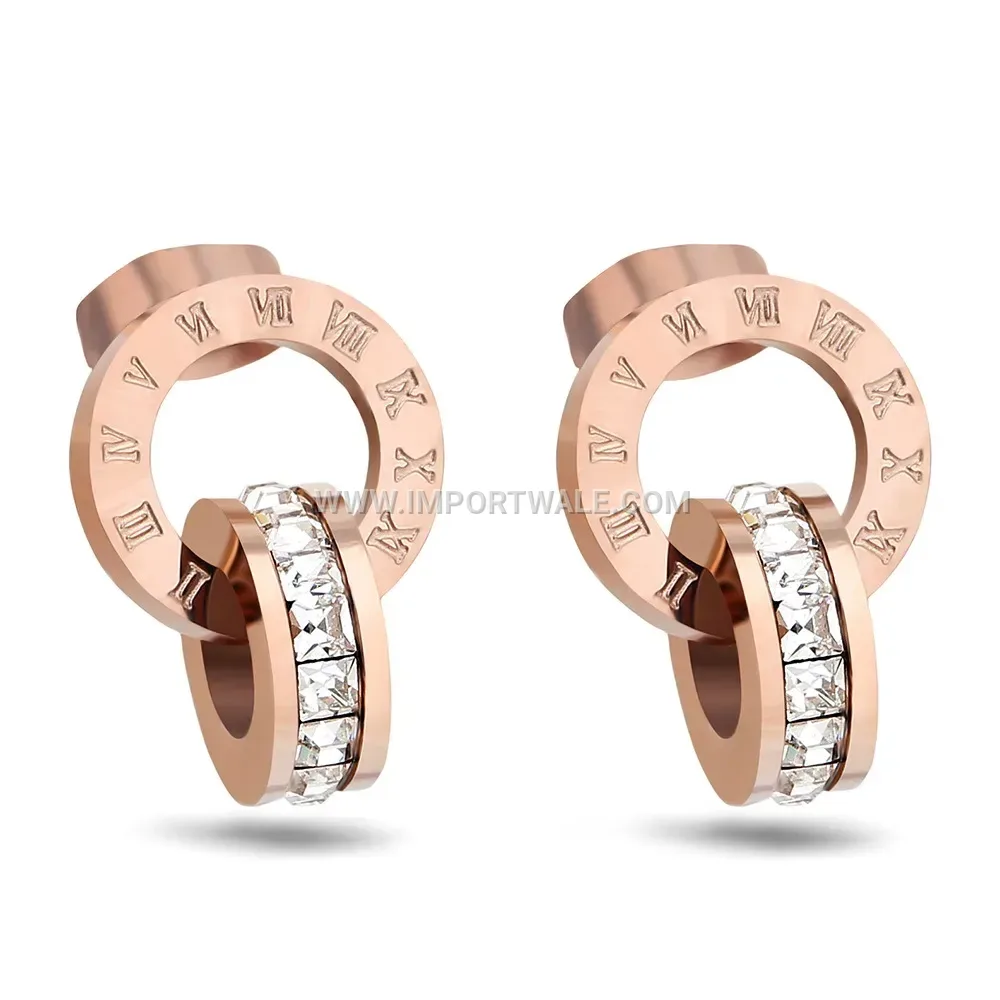 Rose Gold Stainless Steel Roman Numeral Crystal Disc Earrings