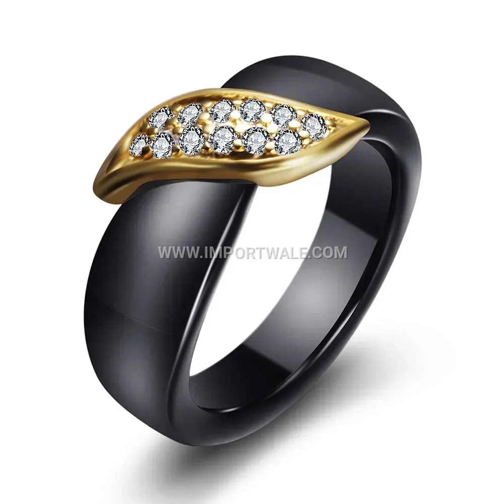 Leaf Motif Rhinestone Ceramic Ring