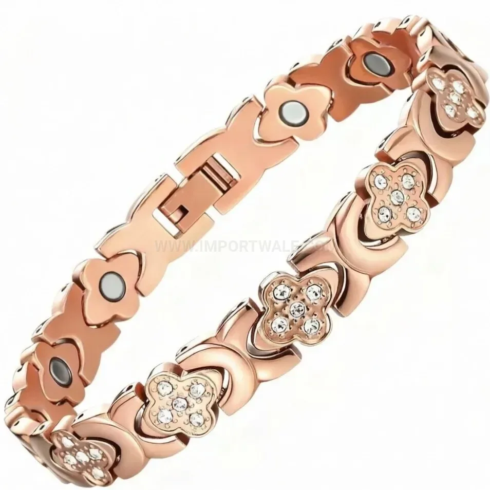 Designer Clover Crystal Inlaid Titanium Steel Magnetic Bracelet