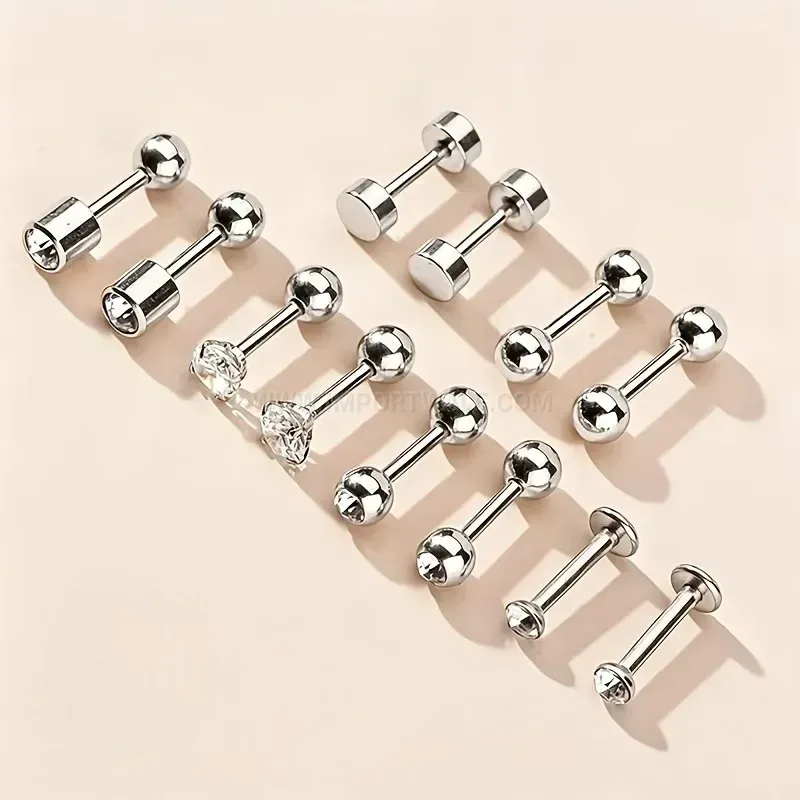 Stylish Minimalist Stainless Steel Rhinestone Bar Piercing Ear Stud Set