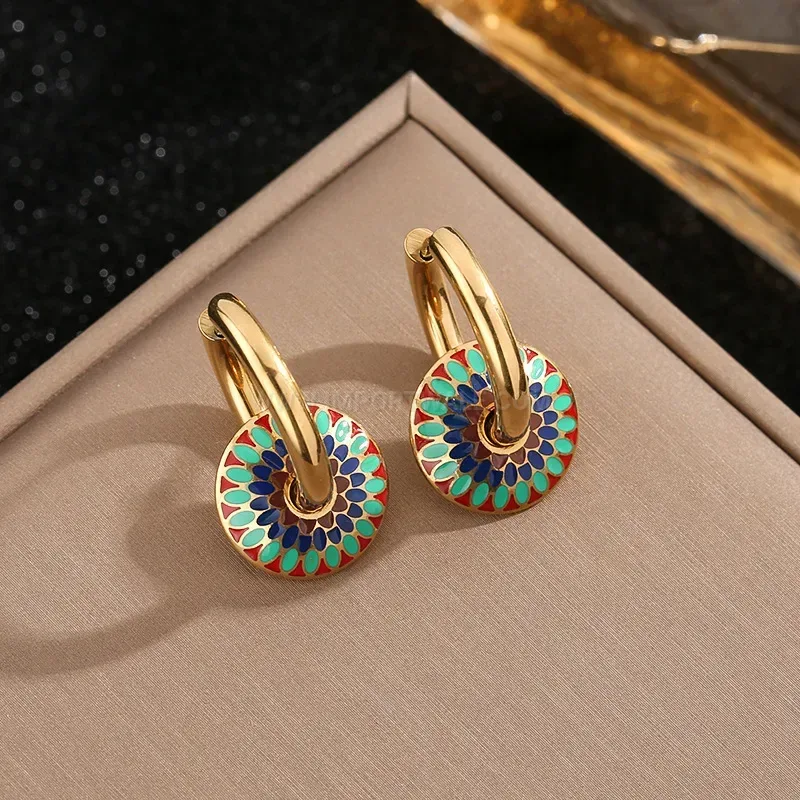 Bold Enameled Daisy Pattern Titanium Steel Jewelry Set