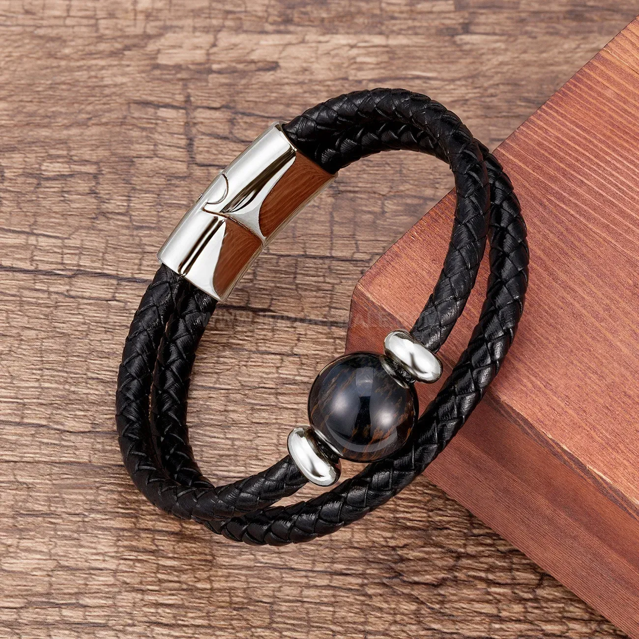 Double Braided Leather Round Stone Bracelet Stainless Steel Clasp