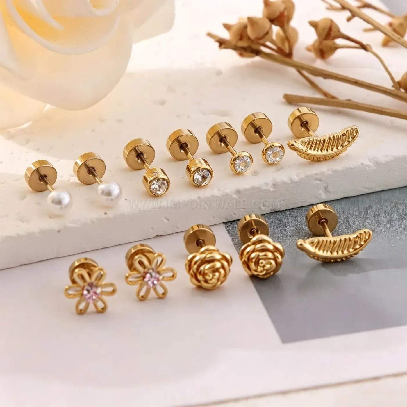 Fashion Stainless Steel Colorful Crystal Heart Flower Flat Back Earring Set