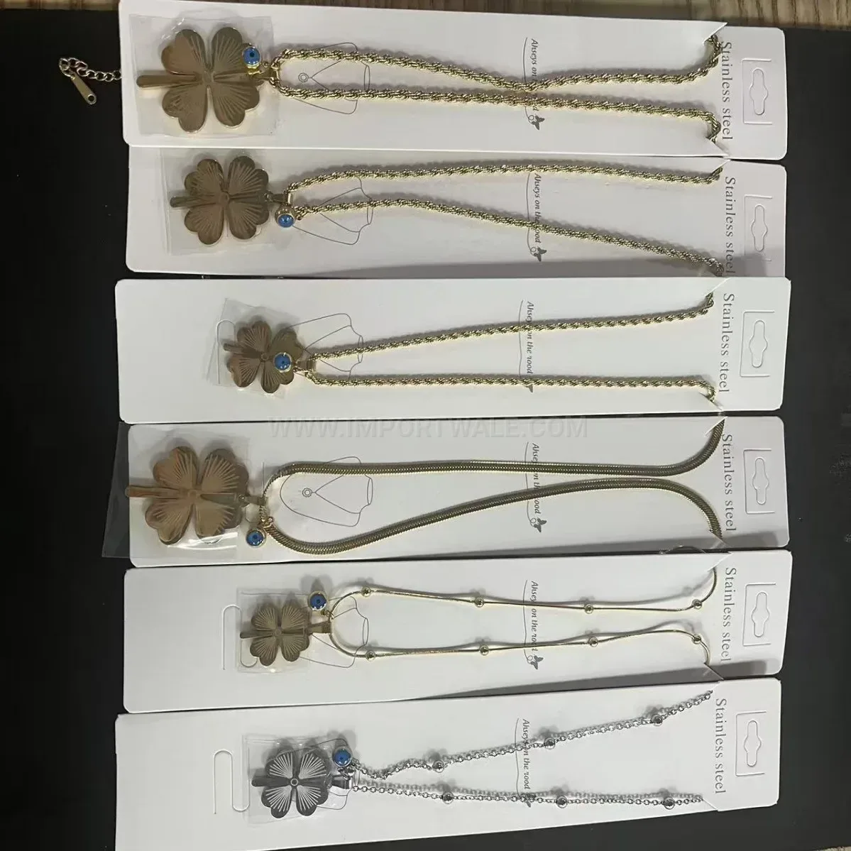 Stylish Gold Stainless Steel Engraved Four-Leaf Clover Long Pendant Necklace