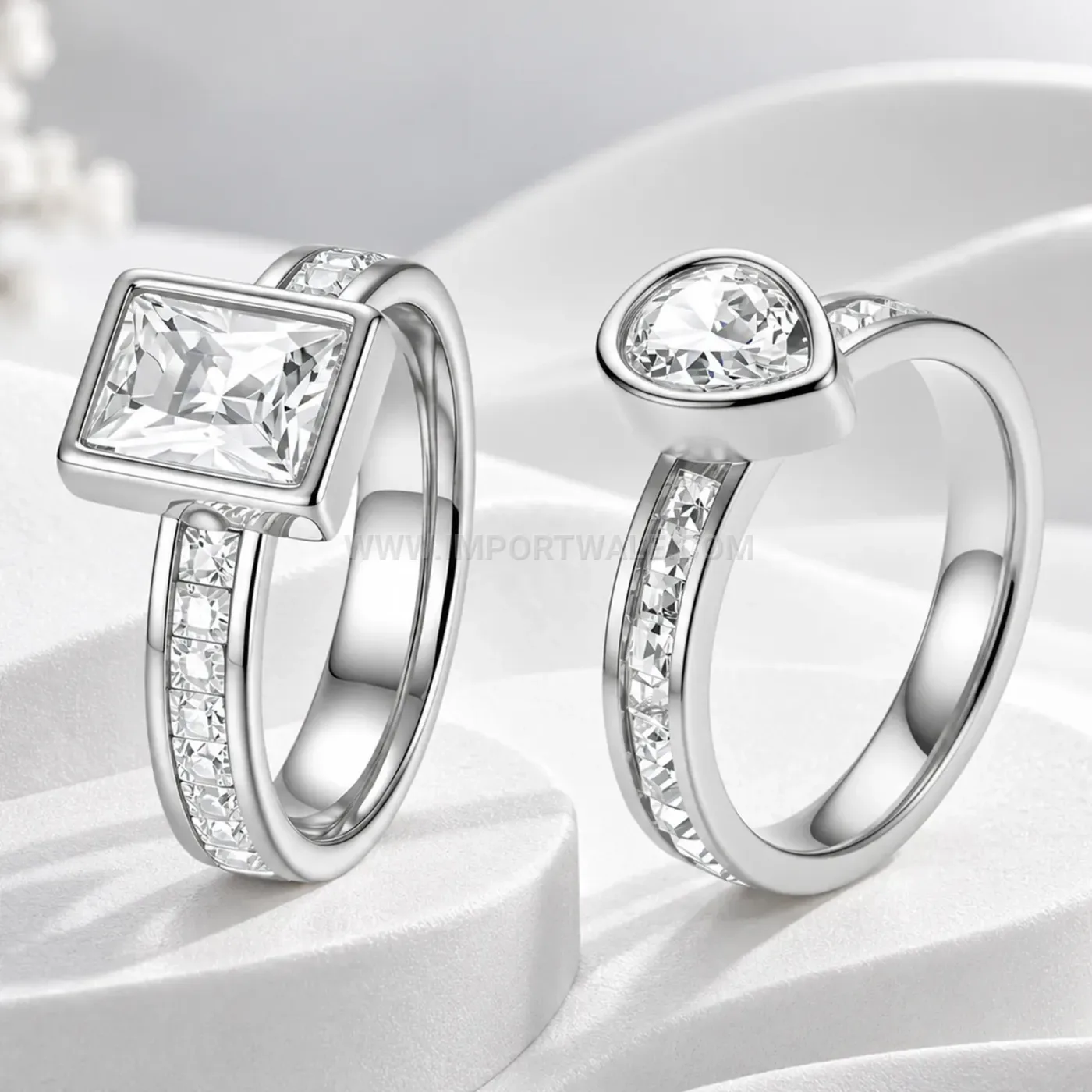 Stainless Steel Zircon Solitaire Ring Set with Pave Accent Band