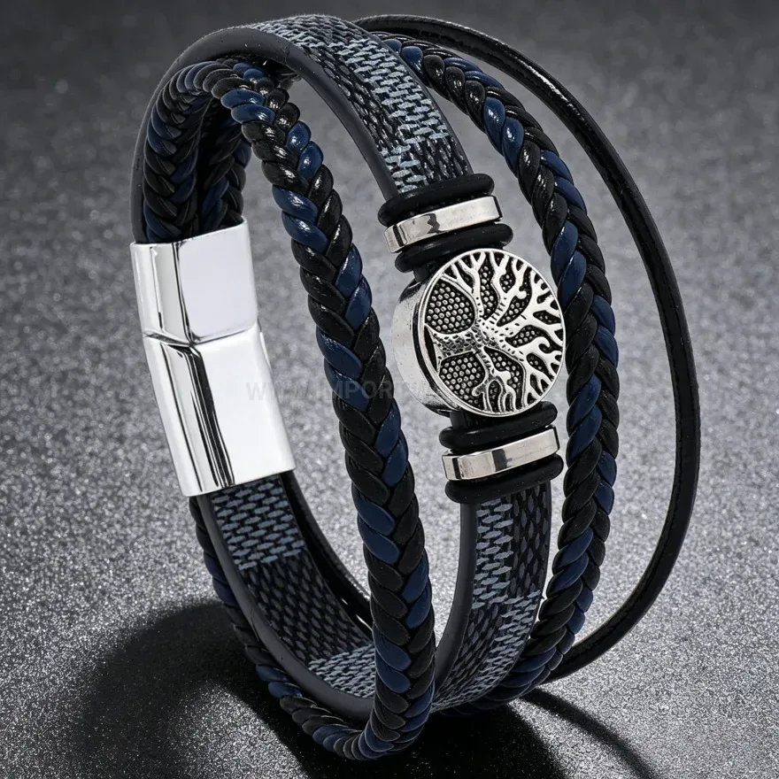 Modern Multi-Layer Braided Tree of Life Leather Wristband