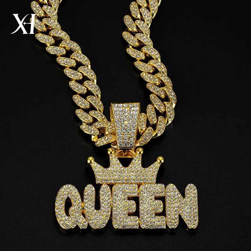 Rhinestone Queen Letter Crown Pendant Cuban Chain Necklace