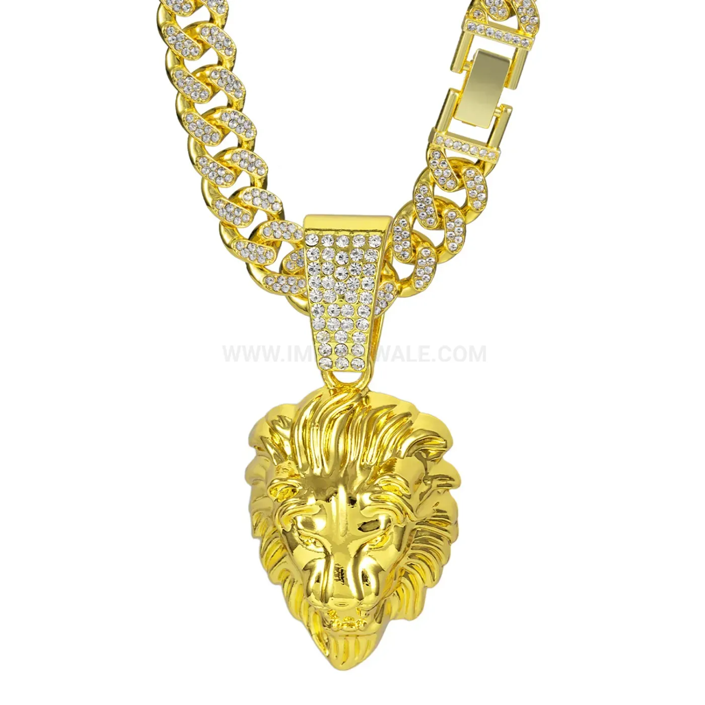Elegant Iced Out Alloy Lion Head Pendant Cuban Chain Necklace