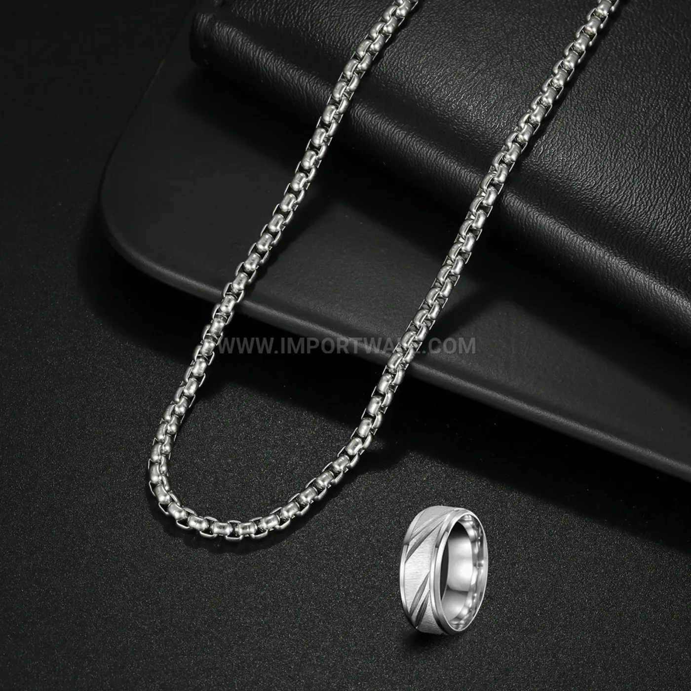 Men Stainless Steel Cuban Link Chain Bracelet and Ring Set