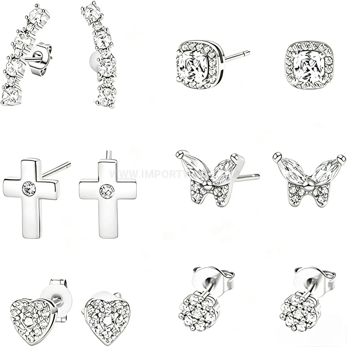 Multi Style Rhinestone Heart Butterfly Cross Stainless Steel Piercing Earring Set