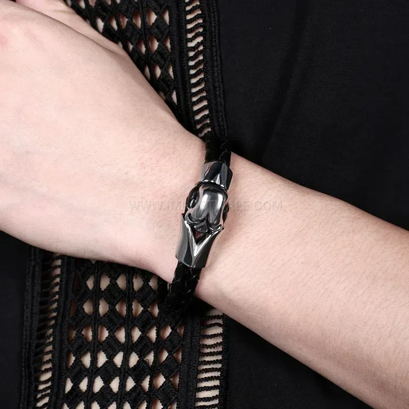 Classic Double Wrap Leather Wristband with Stainless Steel Skull Hardware