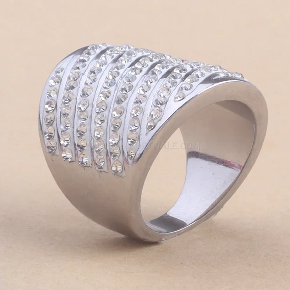Multi Row Beveled Rhinestone Stainless Steel Wide Band Ring