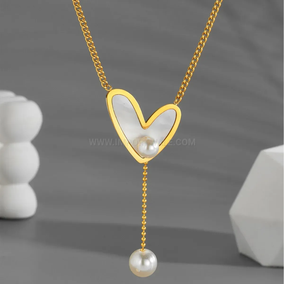 Fashion Gold Titanium Steel Heart Pendant Necklace with Faux Pearl Detail